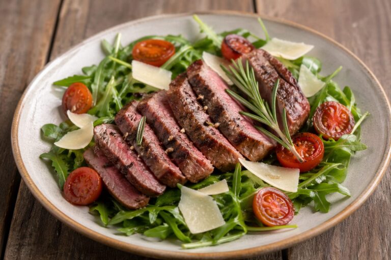 tagliata di manzo con pomodorini confit e scaglie di parmigiano