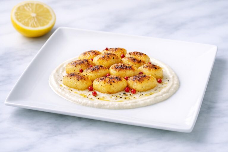 GNOCCHI CROCCANTI AL LIMONE CON CREMA DI RICOTTA E PEPE ROSA