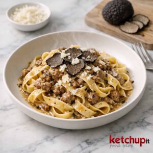 Tagliatelle al Ragù Bianco di Cinghiale con Tartufo Nero e Pecorino di Fossa