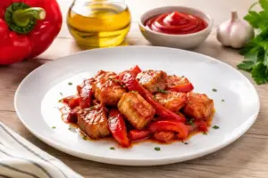 bocconcini di maiale con peperoni glassati al ketchup