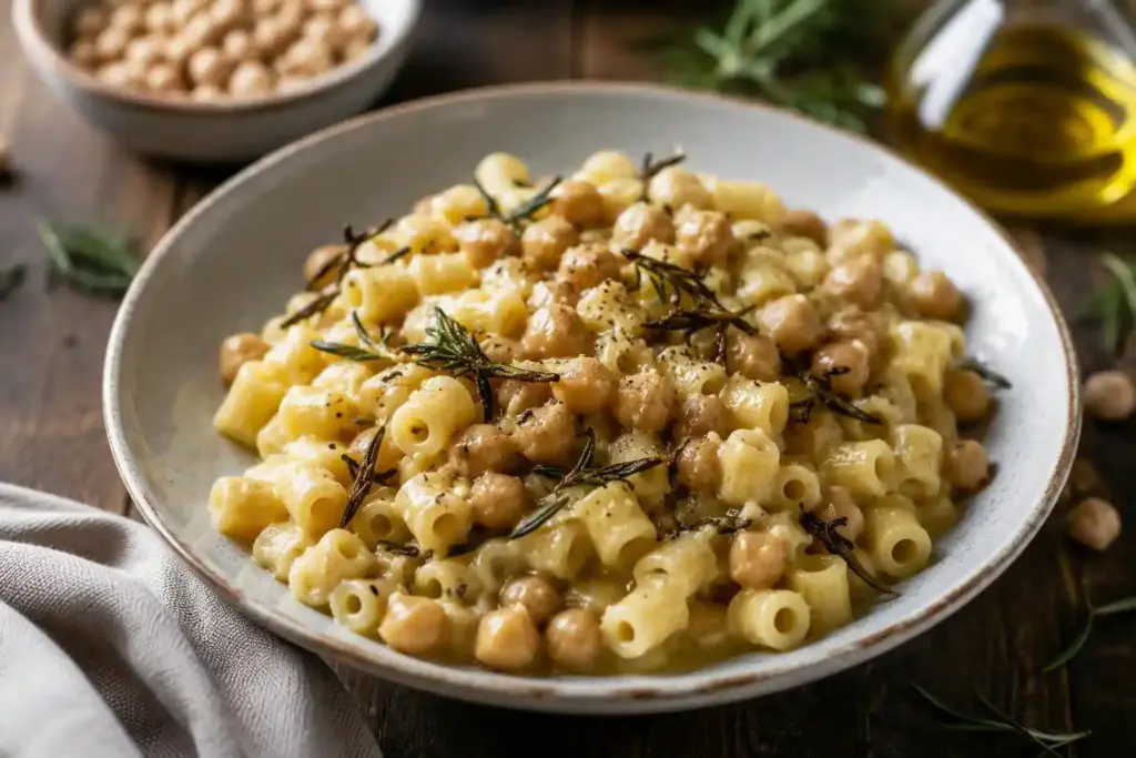 pasta e ceci cremosa con rosmarino croccante