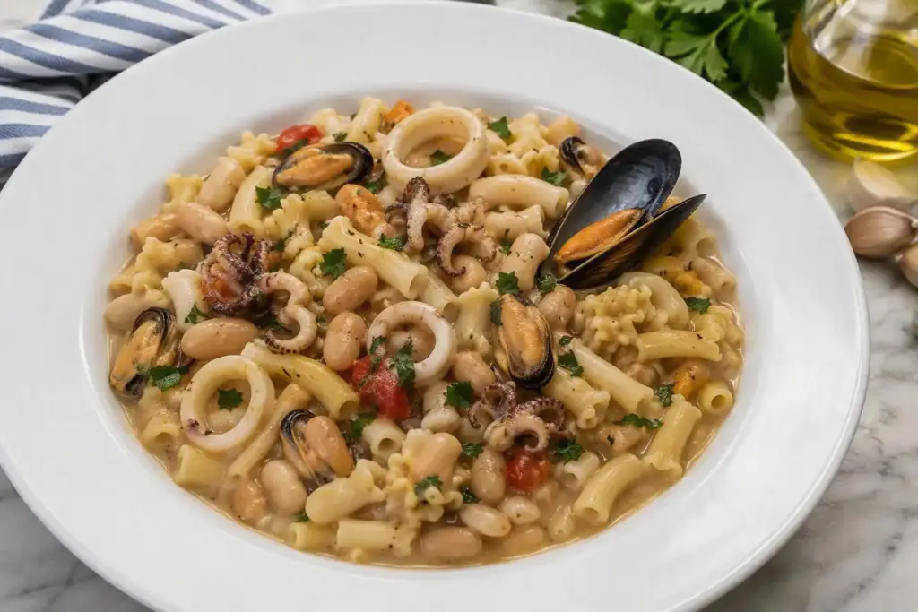 Pasta e fagioli con cozze e calamari