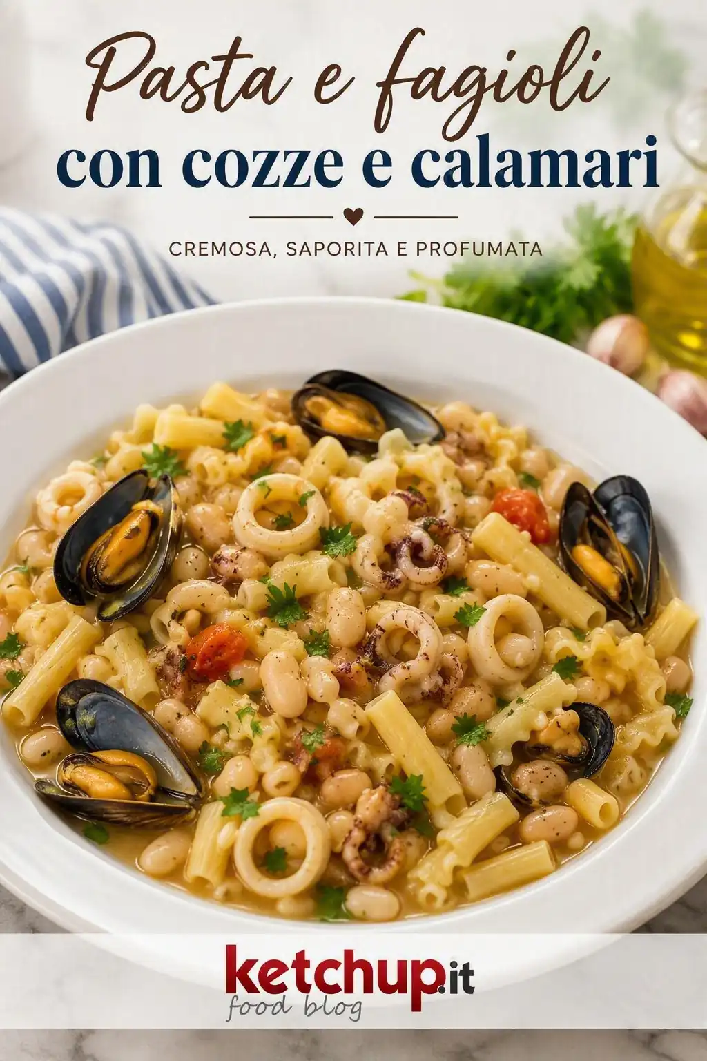 Pasta e fagioli con cozze e calamari