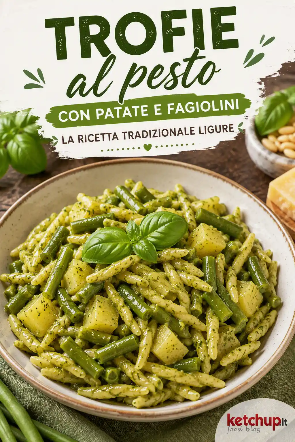 Trofie al pesto alla genovese con patate e fagiolini servite in un piatto bianco, condite con pesto fresco e guarnite con foglie di basilico, tipica ricetta tradizionale della cucina ligure.