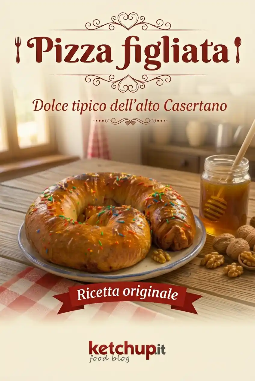 Pizza figliata o serpentone dell'Alto Casertano con ripieno di noci e miele, decorata con codette colorate e servita con miele, noci e canditi.