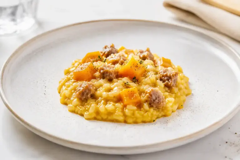 Risotto zucca e salsiccia cremoso impiattato in stile gourmet con riso Carnaroli, crema di zucca vellutata e pezzetti di salsiccia dorata