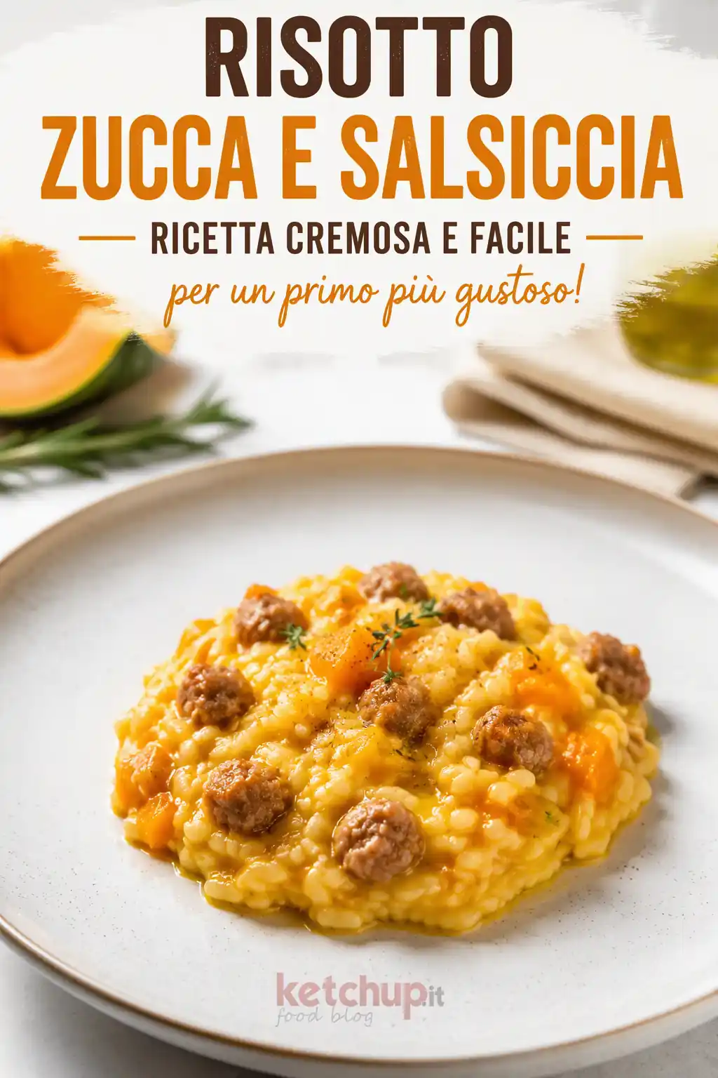 Risotto zucca e salsiccia cremoso impiattato in stile gourmet con riso Carnaroli, crema di zucca vellutata e pezzetti di salsiccia dorata