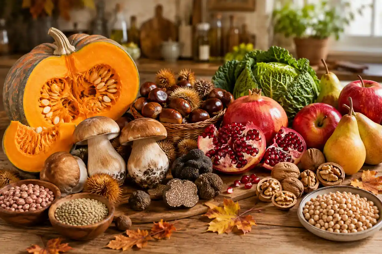 Zucca, funghi porcini, castagne e melograno su tavola rustica autunnale