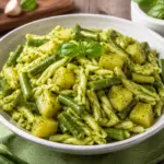 Trofie al pesto alla genovese con patate e fagiolini servite in un piatto bianco, condite con pesto fresco e guarnite con foglie di basilico, tipica ricetta tradizionale della cucina ligure.