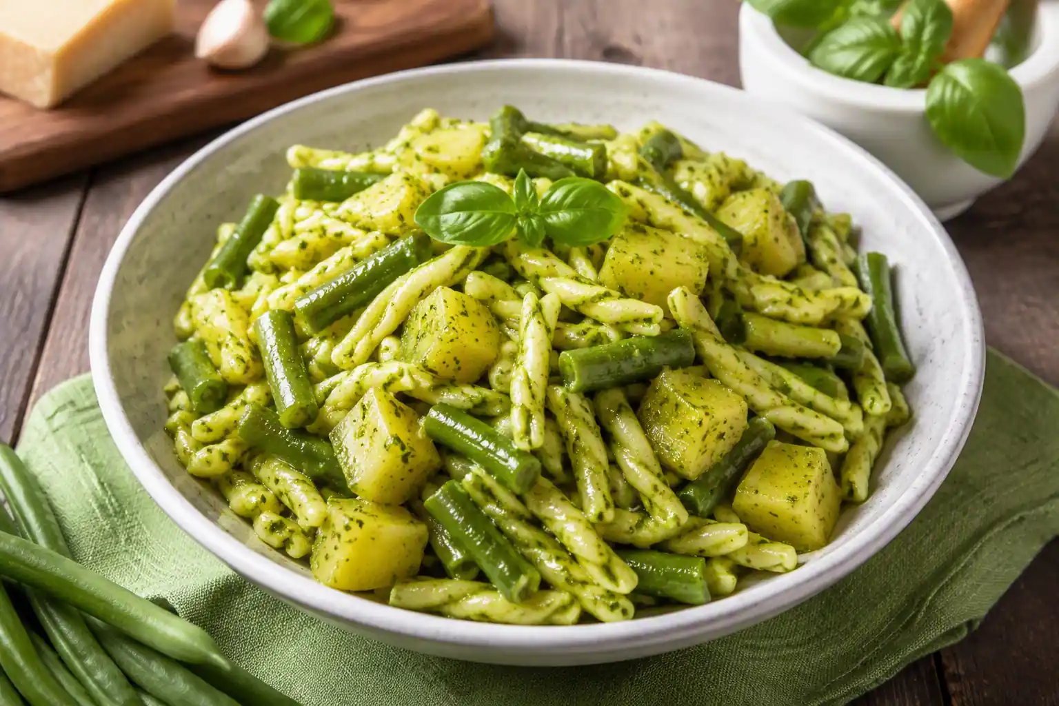 Trofie al pesto alla genovese con patate e fagiolini servite in un piatto bianco, condite con pesto fresco e guarnite con foglie di basilico, tipica ricetta tradizionale della cucina ligure.