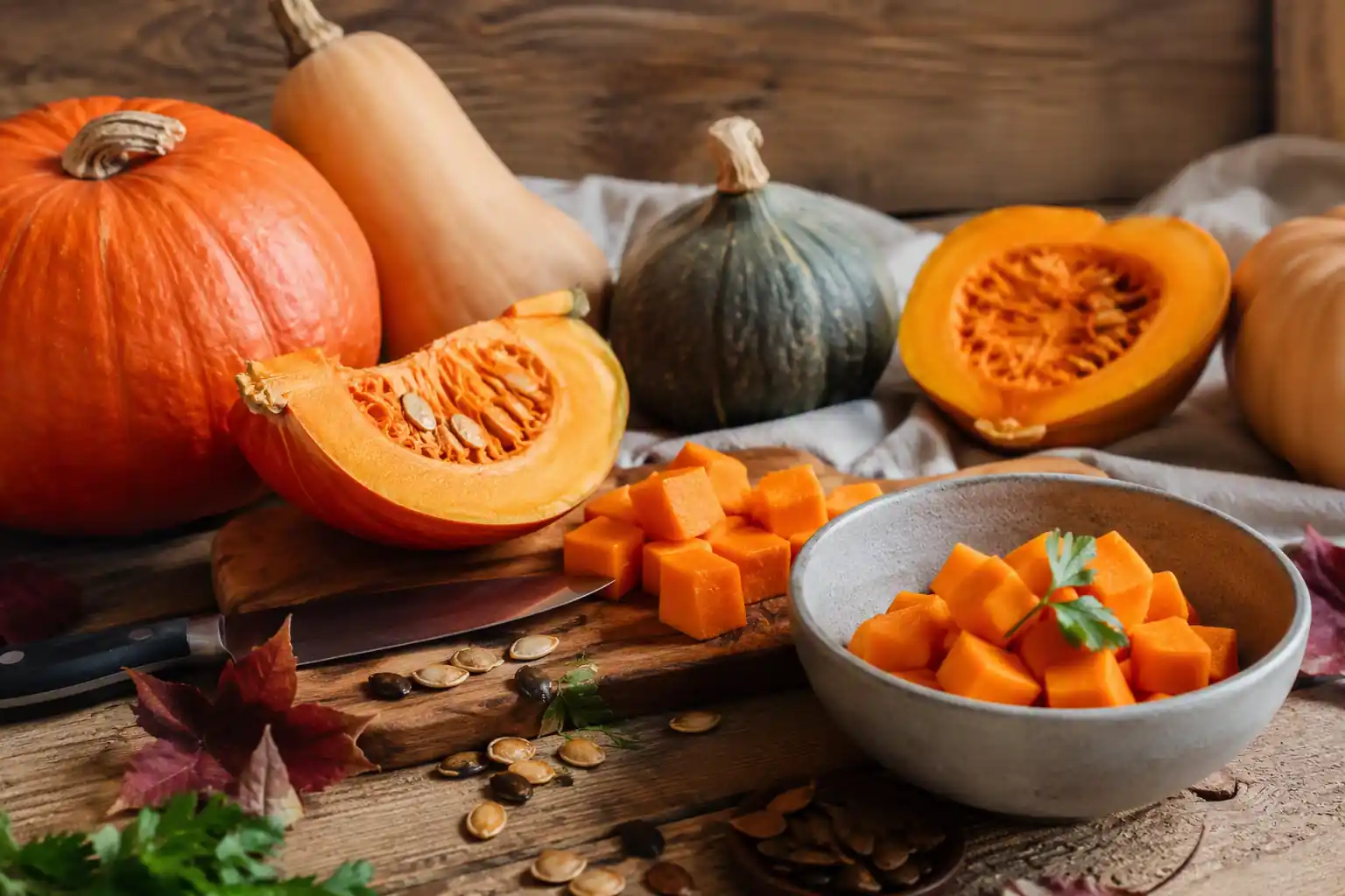 Diverse varietà di zucca su tavolo rustico con zucca tagliata a metà, polpa arancione e cubetti pronti per la preparazione di ricette autunnali.
