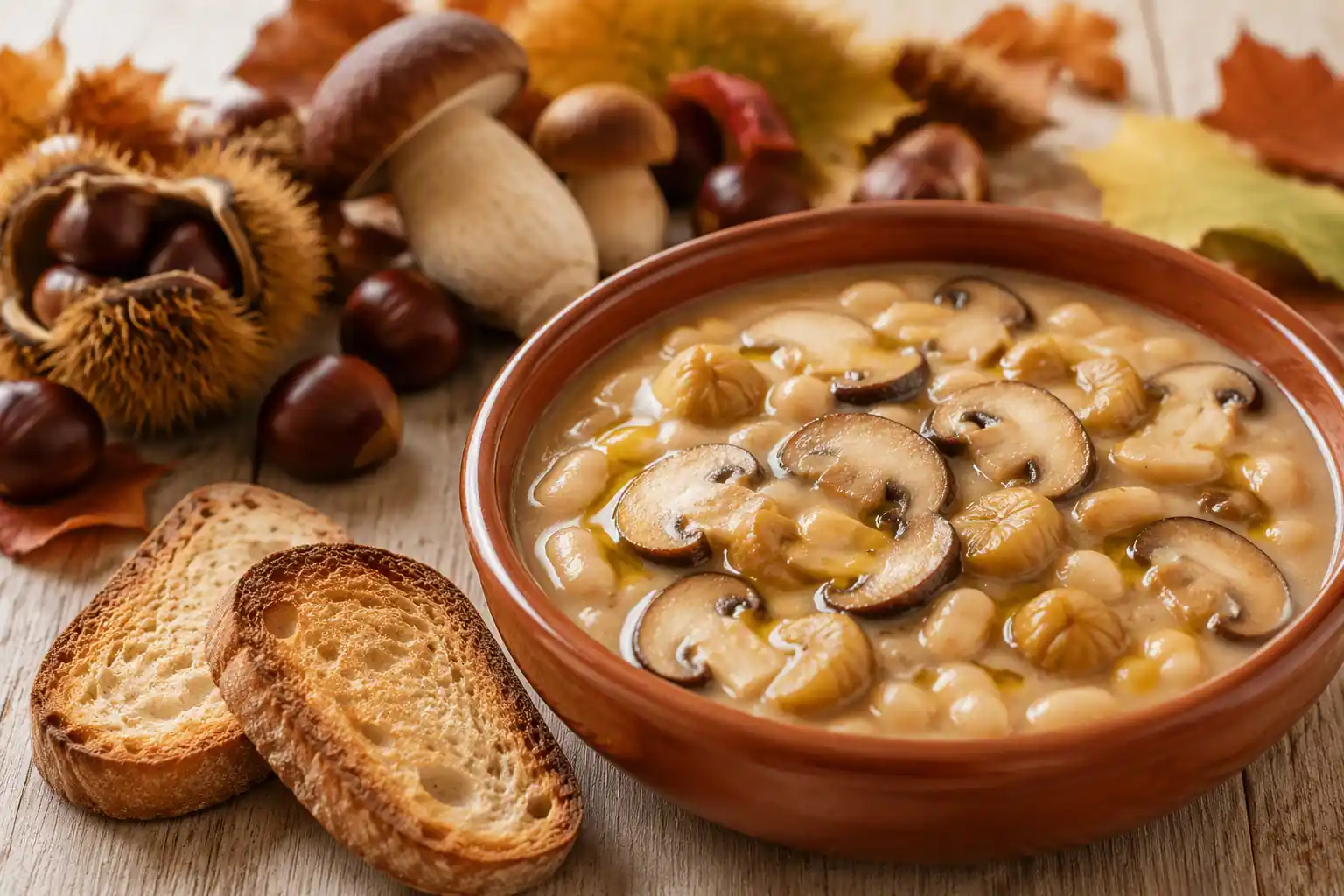 Zuppa di castagne, funghi porcini e fagioli servita in una ciotola di terracotta con pane tostato, ricetta tradizionale autunnale di Roccamonfina.
