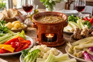 Bagna cauda originale piemontese servita nel tradizionale fujot con verdure di stagione.
