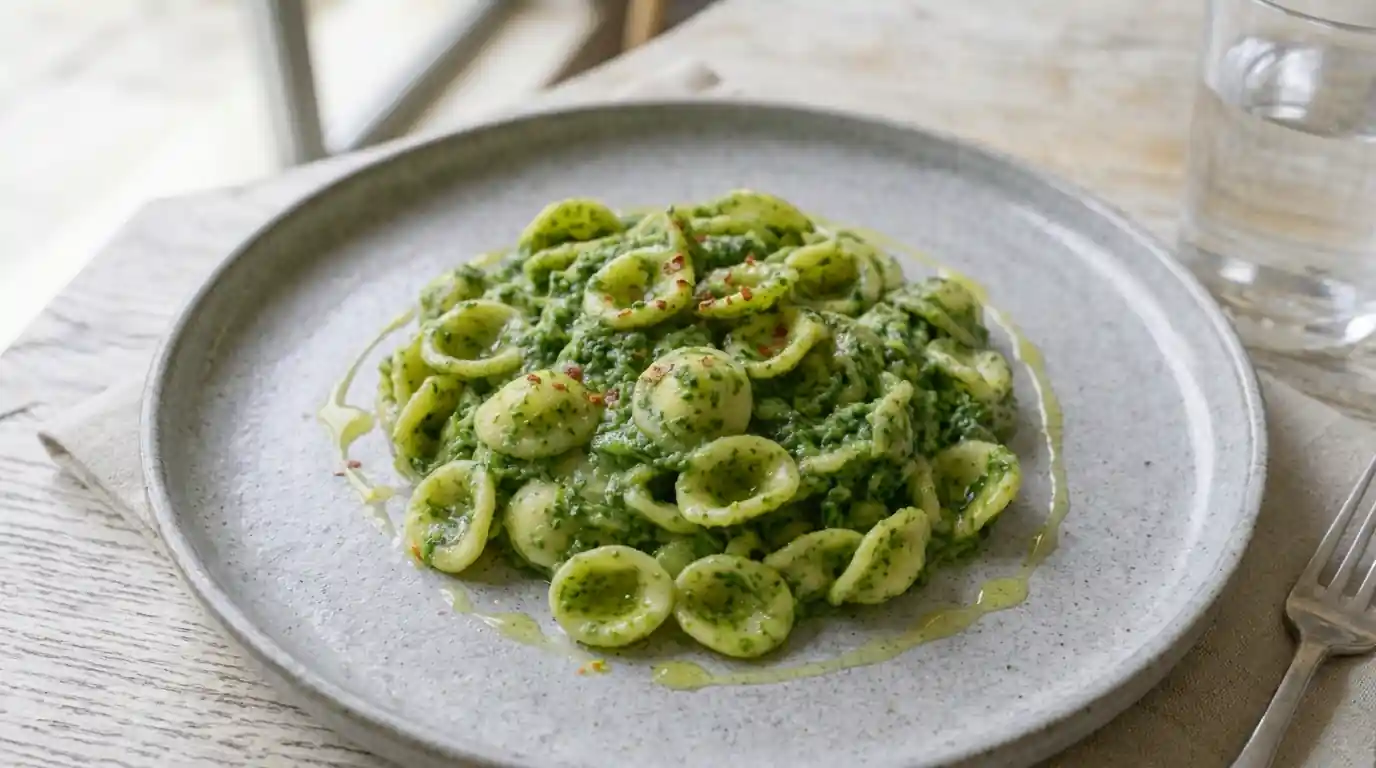Orecchiette alle cime di rapa pugliesi servite in piatto bianco elegante