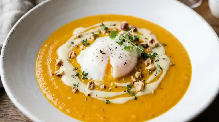 Uovo in camicia su crema di zucca, fonduta di pecorino e granella di nocciole