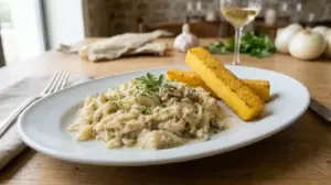 Baccalà alla Vicentina tradizionale servito con polenta su piatto elegante