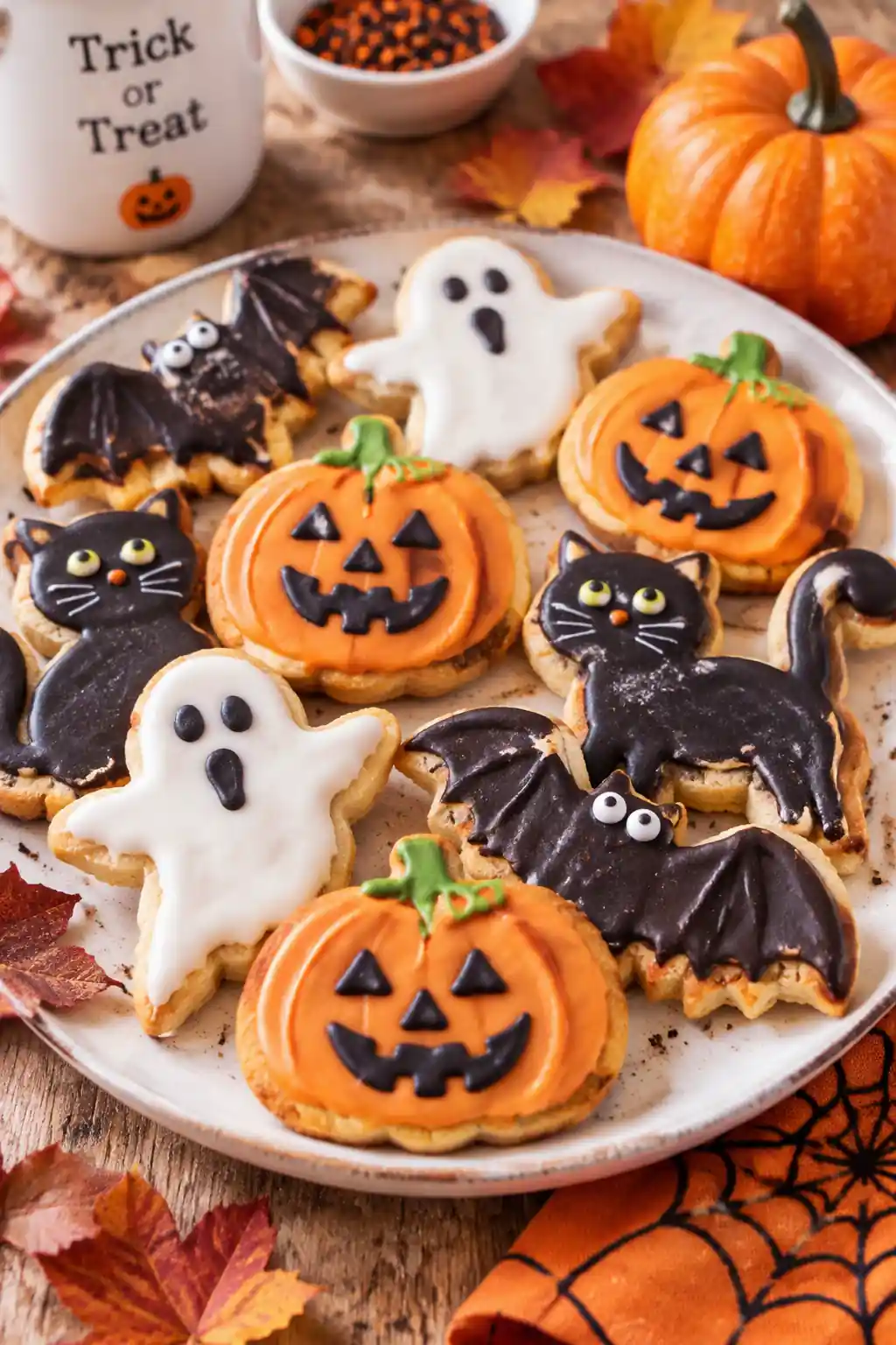 Biscotti di Halloween decorati con glassa a forma di zucca, fantasma, gatto nero e pipistrello su piatto rustico autunnale.