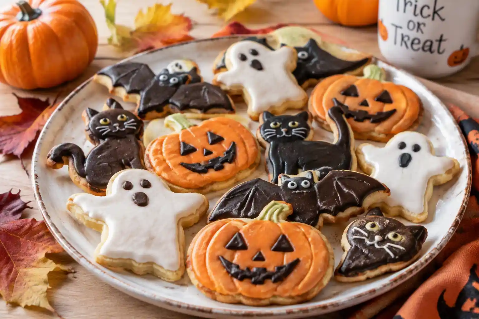 Biscotti di Halloween decorati con glassa a forma di zucca, fantasma, gatto nero e pipistrello su piatto rustico autunnale.