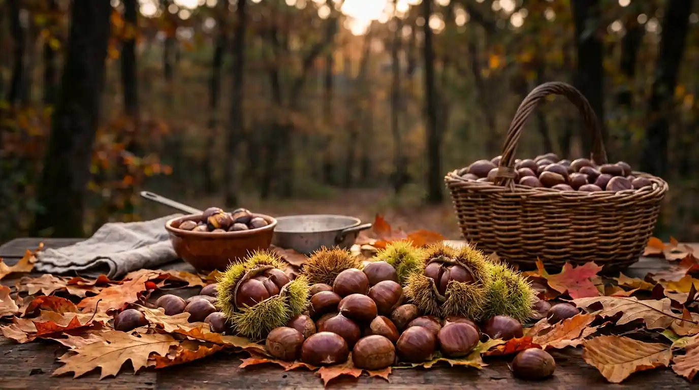 Cesto di castagne appena raccolte in un castagneto italiano durante l'autunno, simbolo delle tradizioni e delle sagre dedicate alle castagne.