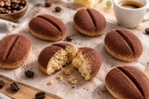 Dolcetti freddi a forma di chicchi di caffè preparati con savoiardi tritati, mascarpone e caffè, ricoperti di cacao amaro e disposti su carta forno con tazzina di espresso sullo sfondo.