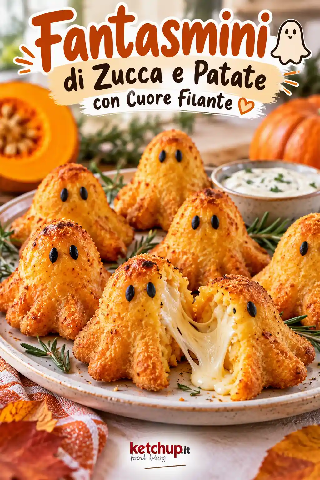 Fantasmini di zucca e patate croccanti con cuore filante di taleggio, ricetta originale di Halloween facile e scenografica.