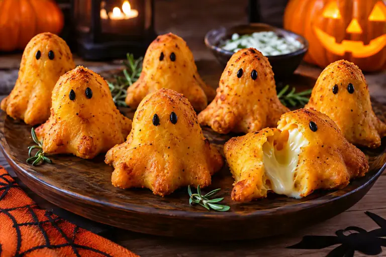 Fantasmini di zucca e patate croccanti con cuore filante di taleggio, ricetta originale di Halloween facile e scenografica.