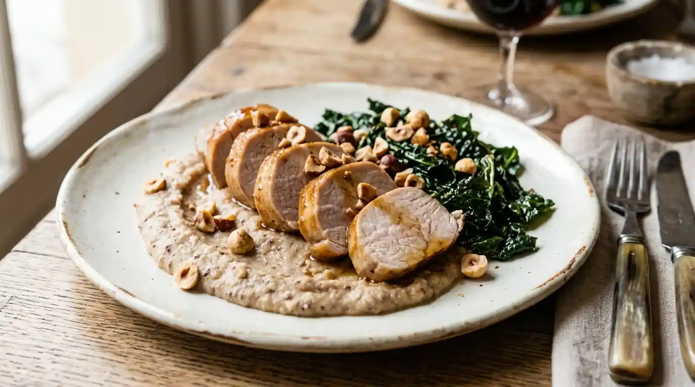 Filetto di maiale croccante glassato al miso e miele servito su crema di castagne con cavolo nero saltato e nocciole tostate, presentato in un piatto di ceramica su tavolo rustico.