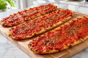 Lingue di pizza croccanti con abbondante pomodoro e origano su tagliere in legno, ricetta facile e veloce della tradizione italiana