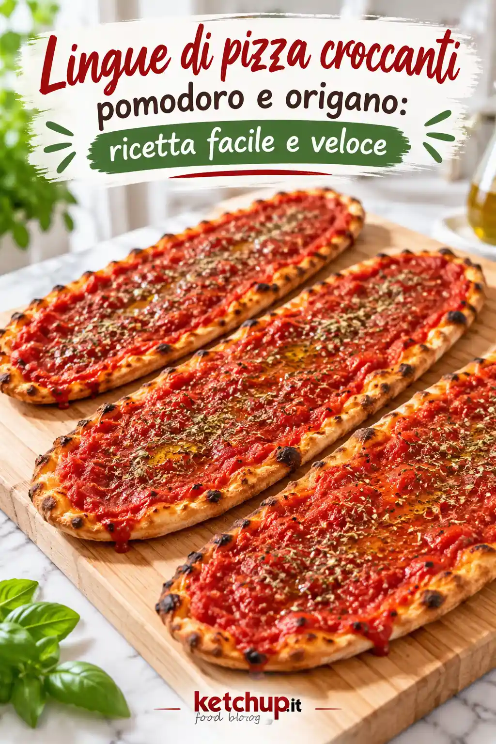 Lingue di pizza croccanti con abbondante pomodoro e origano su tagliere in legno, ricetta facile e veloce della tradizione romana