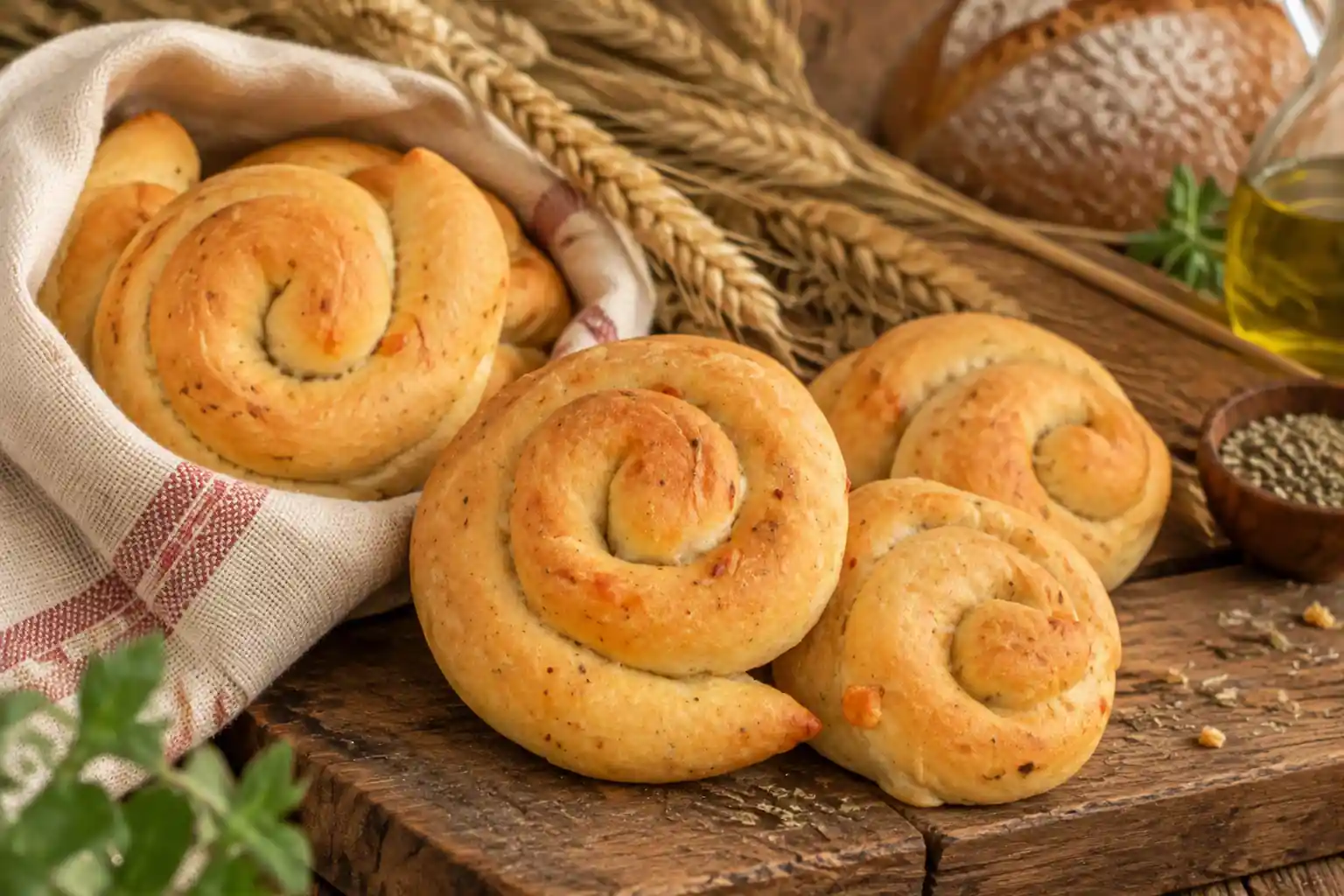 Lumachelle orvietane dorate e fragranti disposte su tavolo rustico in legno con spighe di grano e pane casereccio sullo sfondo