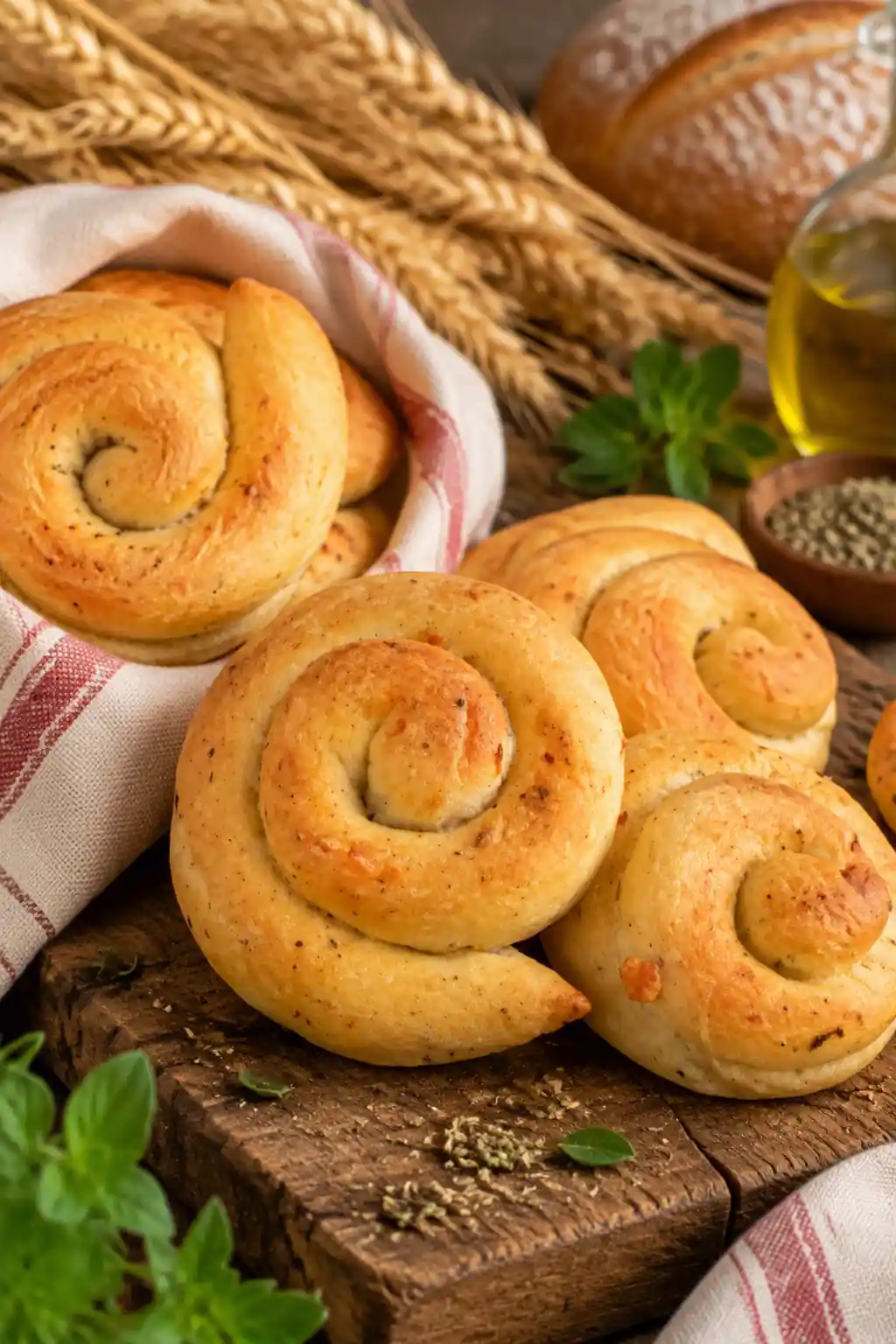 Lumachelle orvietane dorate e fragranti disposte su tavolo rustico in legno con spighe di grano e pane casereccio sullo sfondo