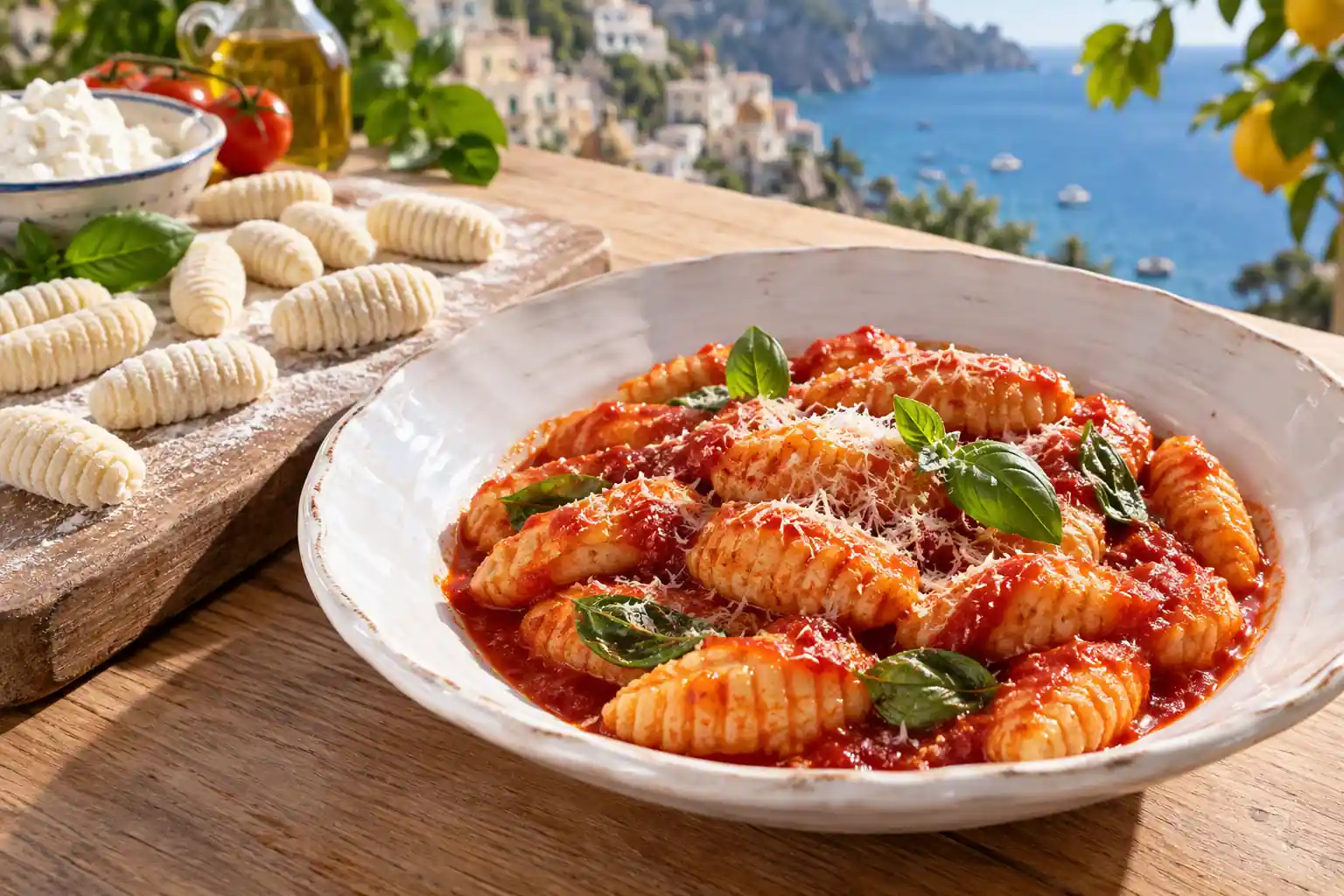 Piatto di autentici Ndunderi di Minori con sugo di pomodoro, basilico e Parmigiano, con ndunderi crudi artigianali su tavoletta infarinata in ambientazione mediterranea luminosa.
