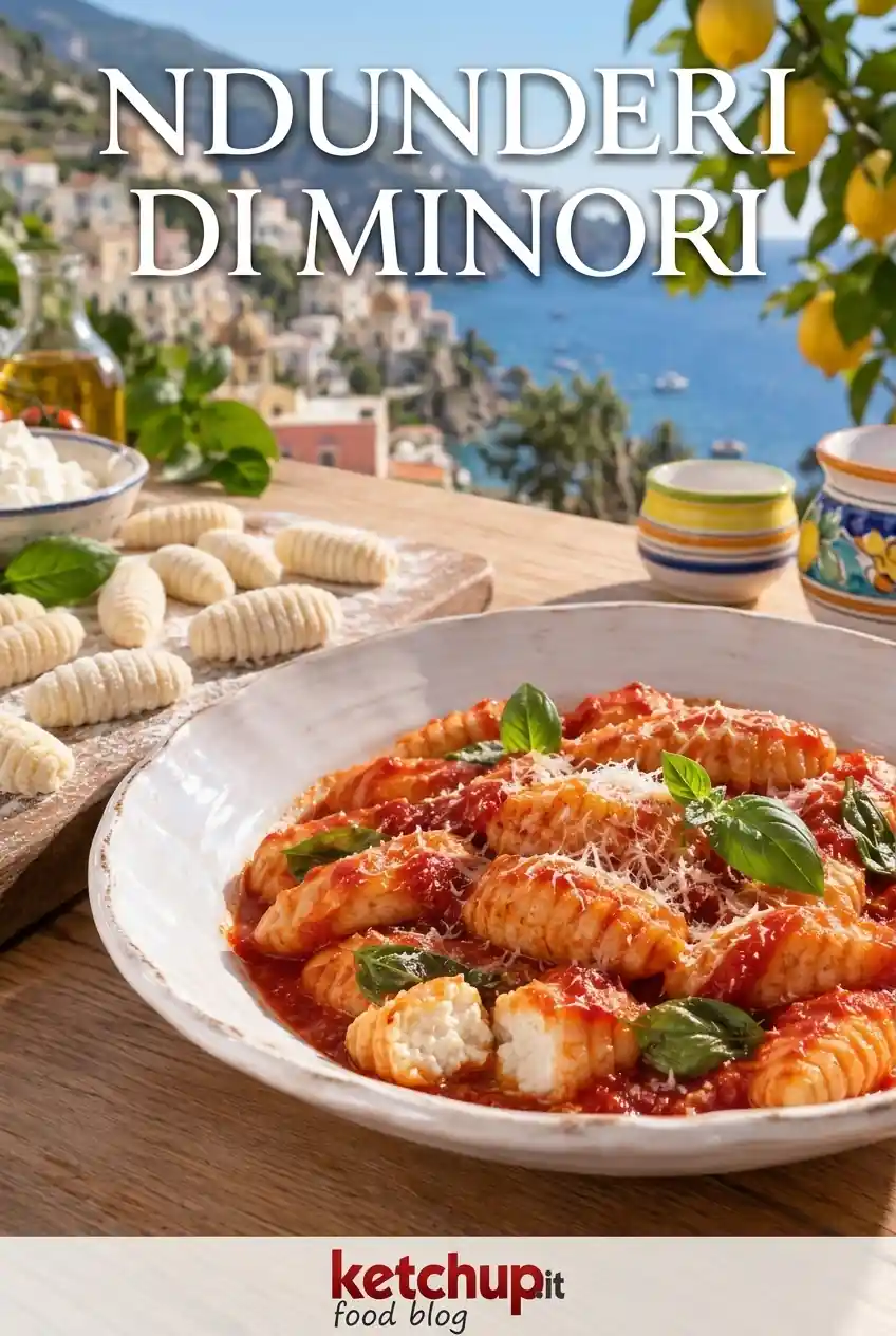 Scopri gli autentici Ndunderi di Minori, tradizionali gnocchi di ricotta della Costiera Amalfitana, conditi con sugo di pomodoro, basilico e Parmigiano.