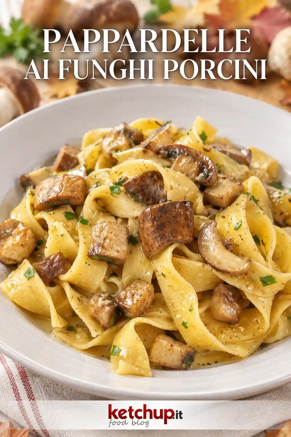 Pappardelle ai funghi porcini cremose con porcini dorati e prezzemolo fresco servite in un piatto chiaro, fotografia food professionale luminosa.