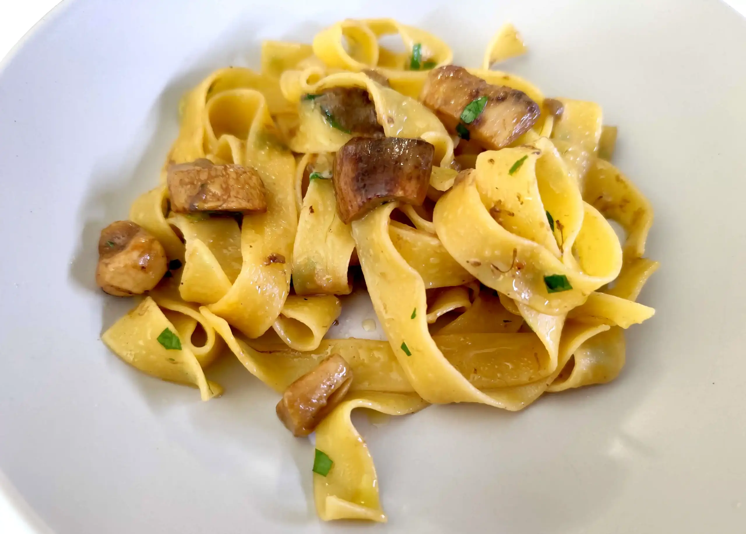Pappardelle ai funghi porcini cremose con porcini dorati e prezzemolo fresco servite in un piatto chiaro, fotografia food professionale luminosa.