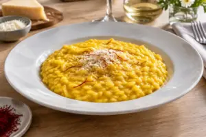Risotto allo zafferano cremoso servito in piatto bianco elegante
