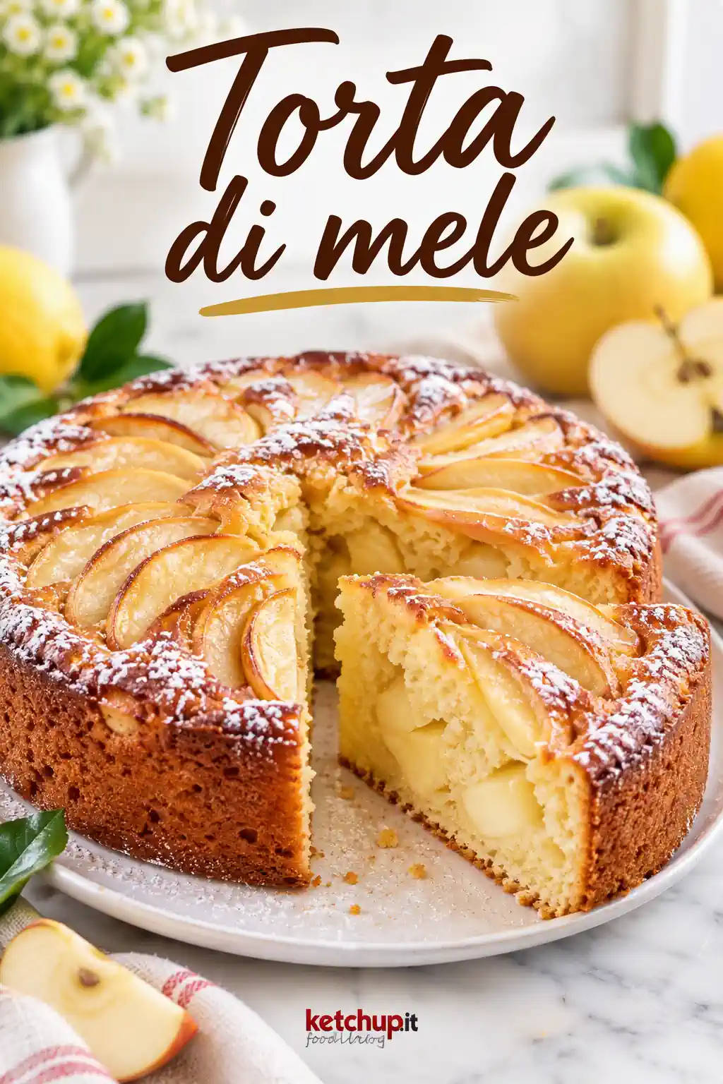Torta di mele soffice alta e morbida con mele fresche e zucchero a velo, fotografia verticale stile Pinterest.